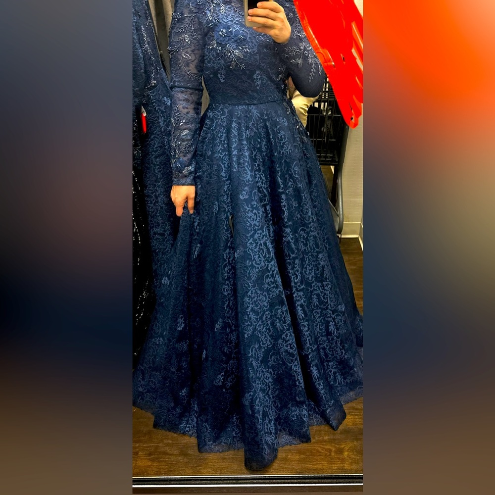Mac duggal navy blue gown dress long